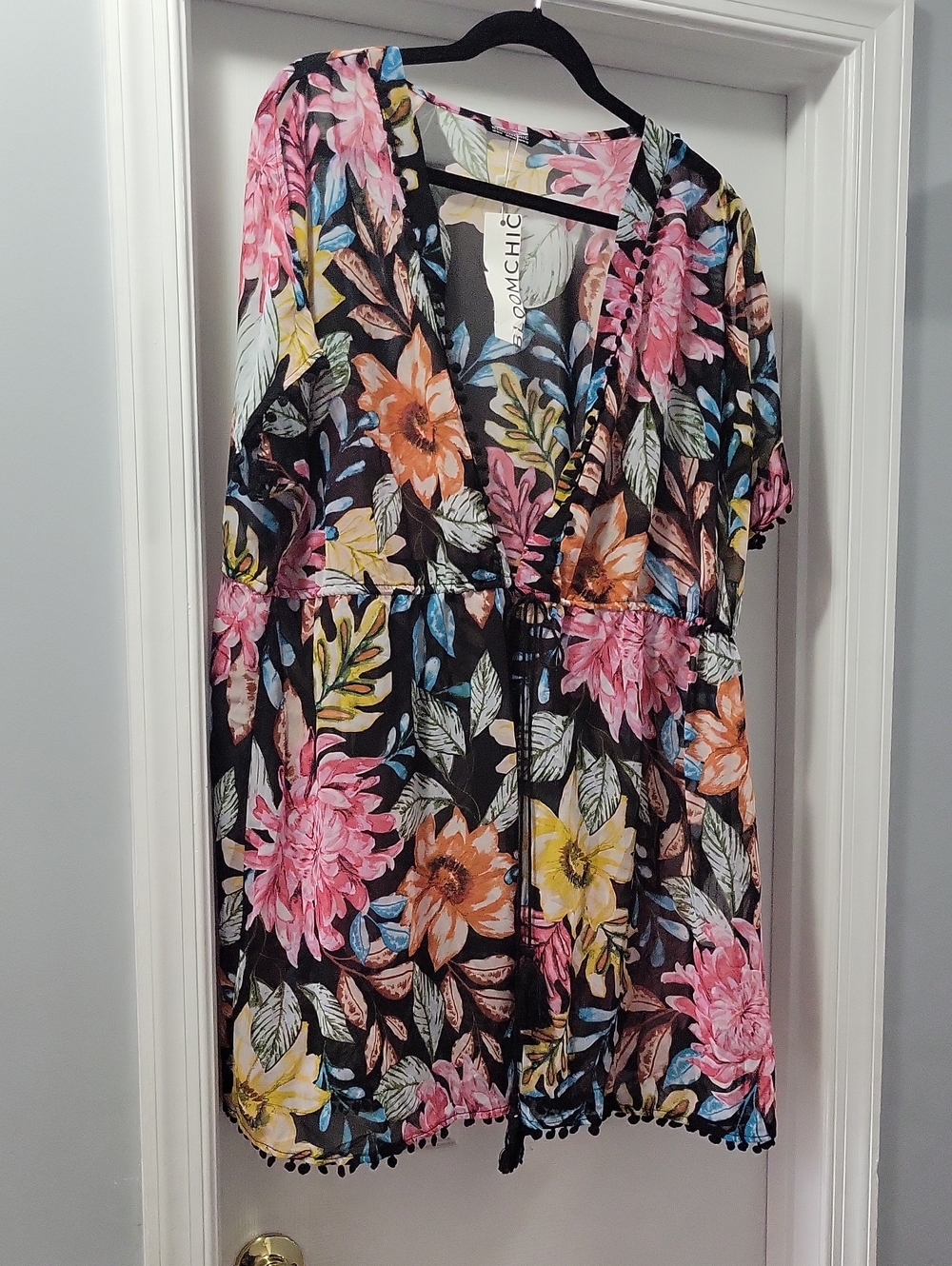 BloomChic Black Floral Sheer Kimono with Multicolor Blooms